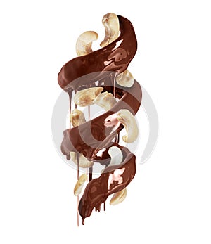 Spiral of chocolate with crushed cashew isolated on a white background