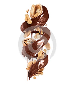 Spiral of chocolate with crushed walnuts isolated on a white background