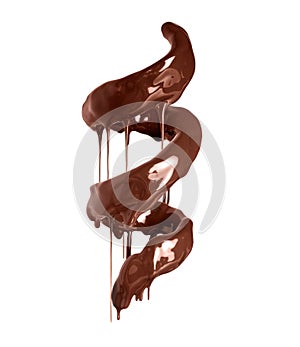 Spiral of chocolate with dripping drops isolated on white background