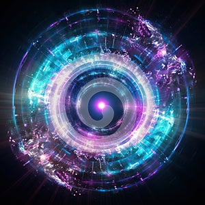 spiral circle blue purple neon light rays on dark background generative AI