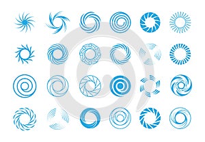 Spiral circles abstract set. Round blue swirls in form rotational whirlpool star burst lines effect motion subspace