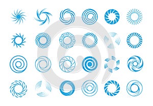 Spiral circles abstract set. Round blue swirls in form rotational whirlpool star burst lines effect motion subspace photo