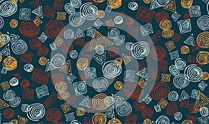 Spiral circles, triangles and squares. Abstract geometric hand drawn seamless pattern. Vector doodle illustration
