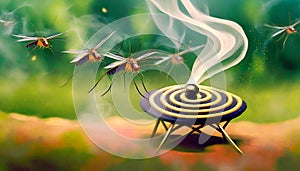 spiral coil smoke pyrethrum insecticide mosquito warning sign breeding outdoor area solid background