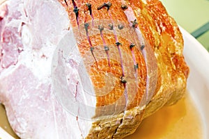 Spiral Cut Ham with Cloves Closeup