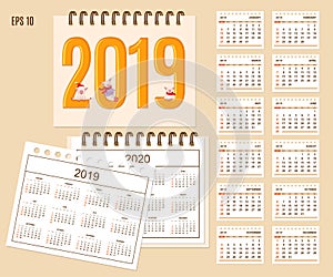 Spiral desk calendar year 2019, 2020 with cute piggies