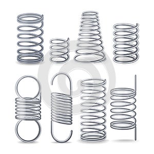 Spiral Flexible Wire. Springs Of Compression, Tension And Torsion. Set Resilient Metal Wire Parts. Different Types Flexible Spiral