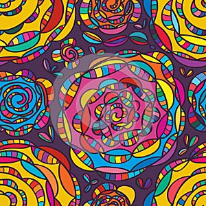 Spiral flower drawing colorful seamless pattern