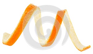 Spiral form of orange skin isolated on white background. Ripe orange peel