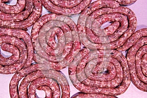Spiral fresh pork sausages for grilling