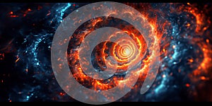 A spiral galaxy with a bright orange and blue center, AI
