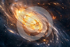 Spiral galaxy with golden glow in space