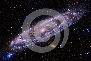 Spiral Galaxy M31, NGC 224, in Andromeda constellation. Violet filter, enhanced colors