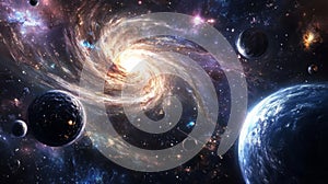 Spiral Galaxy with Planets and Stars in Deep Space