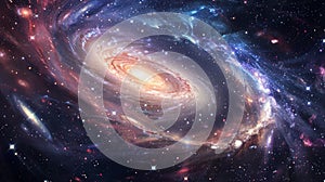 A spiral galaxy in space with stars and a bright blue center, AI