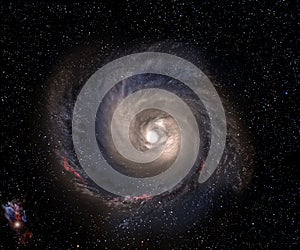 Spiral galaxy with starfield background.