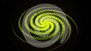 A spiral galaxy turning over a black background. Animation. Outer space view of a light green spirals of dust particles