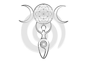 Spiral goddess of fertility and triple moon wiccan. The spiral cycle of life, Flower of Life. Woman wicca mother earth symbol