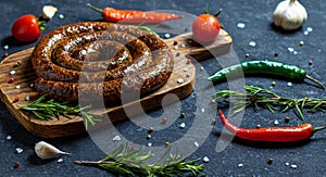 Spiral grilled sausage with rosemary, salt and peper