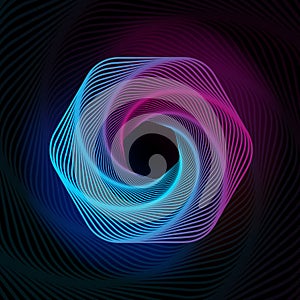 Spiral hexagon. Radial sounwave. Geometric pattern. Swirl lines and waves banner. Futuristic web wallpaper. Spirograph. Motion