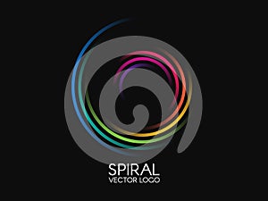 Spiral logo. Round logotype design. Color swirl on black background. Dynamic shape concept. Abstract colorful element