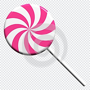 Spiral lollipop. Lollipop on stick. 3D rendering illustration of a round lollipop. Striped twisted candy