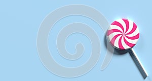 Spiral lollipop. Lollipop on stick. 3D rendering illustration of a round lollipop. Striped twisted candy