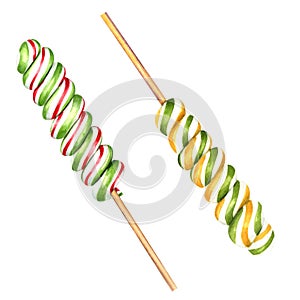 Spiral lollipops, fruit candies. Bonbons, striped swirls, sugar caramel on stick. Watercolor illustration isolated on white.