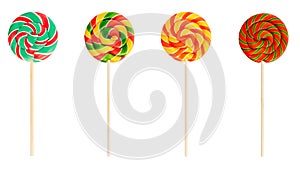 Spiral lollipops isolated on white background. Set of colorful red, green and yellow sweet candys