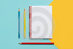 Spiral notebook with colored pencils and with copy space for your image or text