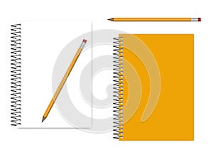 Spiral notebook empty page and cover with graphite pencil, realistic vector mockup