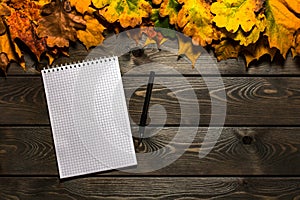 A spiral notebook and pen lie on an antique wooden table with bright autumn foliage. A clean Notepad with copy space