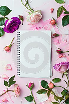 Spiral Notebook Surrounded by Flowers on Pink Background