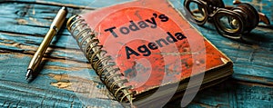 Spiral notebook with Todays Agenda on the cover, accompanied by a pen on a wooden surface, representing organization and