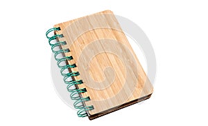 Spiral notepad isolated on white background. Blank hardcover notebook, wooden cover binder pad