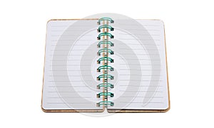 Spiral notepad isolated on white background. Hardcover open notebook. Blank page, green binder pad