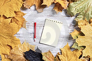 Spiral notepad and pen lies on vintage wooden desk