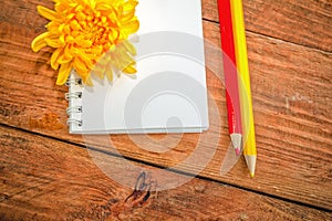 Spiral notepad, red and yellow pencils and chrysanthemum flower