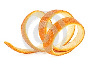 Spiral orange peel isolated on white background. Orange zest peel spiral
