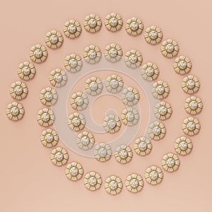 Spiral ornamnet made of flowers on pink background