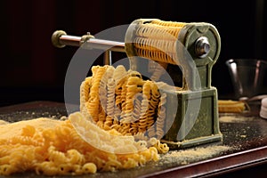 spiral pasta extruding from a manual pasta maker