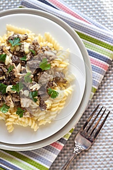 Spiral pasta with morel mushrooms