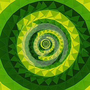 A spiral pattern composed of interlocking green and yellow triangular shapes creates