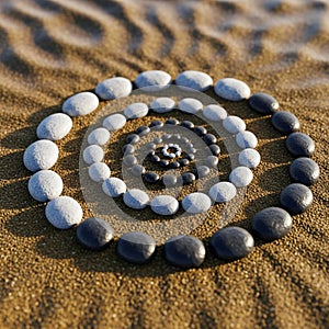 A spiral pattern of smooth stones arranged on a sandy surface