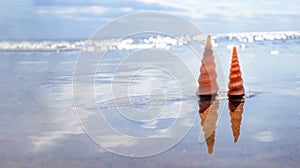 Spiral patterned sea shells in a water. Abstract nature seaside background with copy space