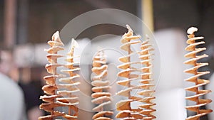 Spiral potato chips on a stick at a street food restaurant. Close-up.