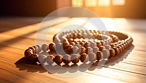 Spiral Prayer Beads Arranged on Wooden Surface