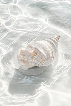 A spiral seashell with intricate patterns rests on a sandy beach.