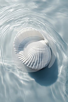A spiral seashell with intricate patterns rests on a sandy beach.