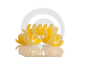 Spiral shaped pasta made of durum wheat, close-up, isolated on a white